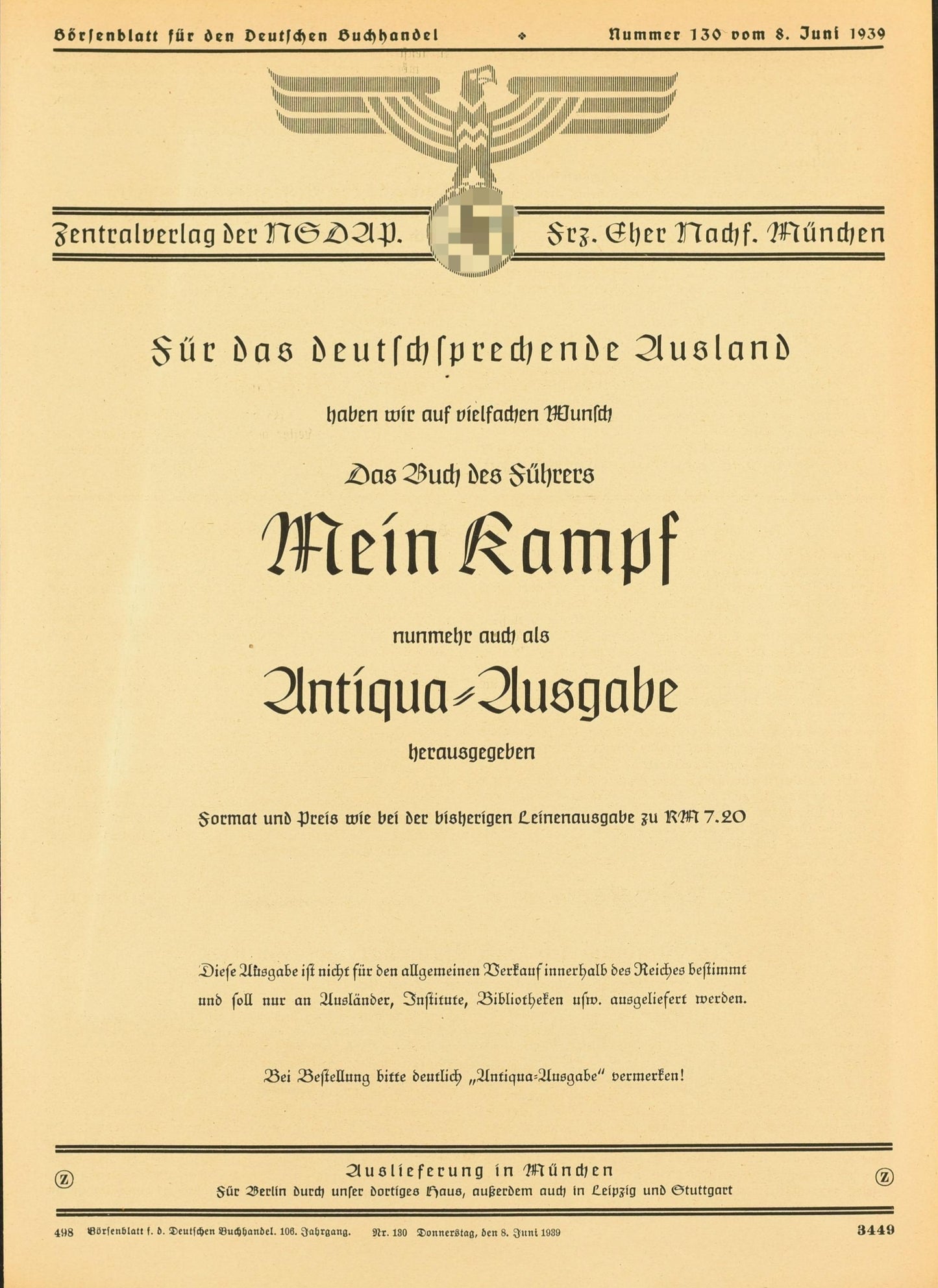 Mein Kampf Antiqua-Ausgabe (Volksausgabe) 1939 (Druckschrift) (Extrem Selten)